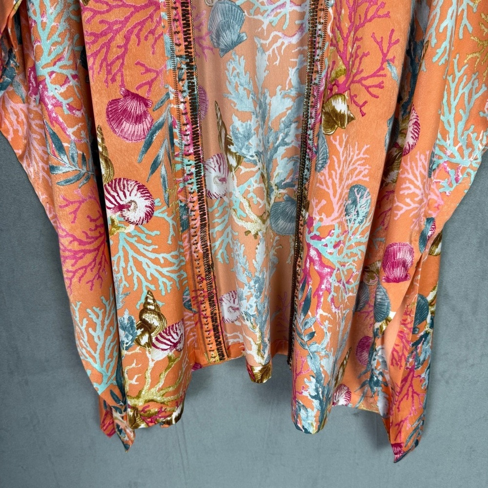 Chicos Open Kimono Slip Orange L/XL Seashell Print Beaded Bright Vacation Beach - Picture 14 of 16